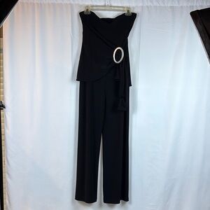 White House Black Market Black Strapless Jumpsuit with Silver Buckle, Medium